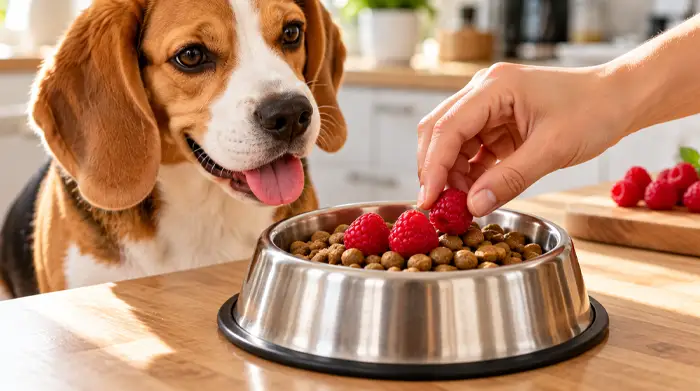 A pet owner's hand placing two washed fresh red raspberries onto dog food kibble in a bowl.